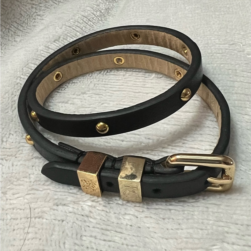 Women’s Black Leather and Gold Buckle Rustic Cuff Bracelet Adjustable Size
